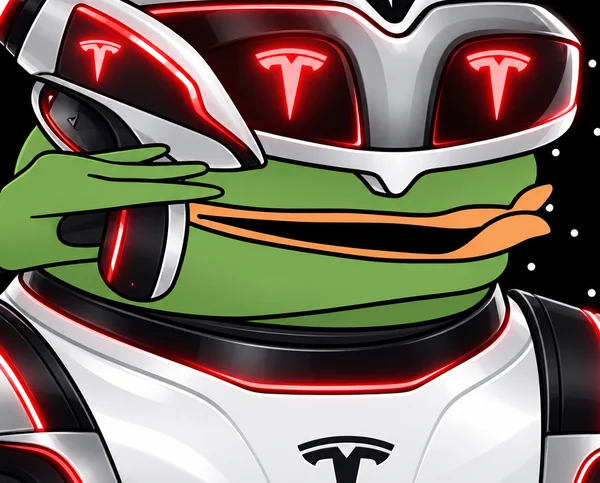 Close-up of Tesla Pepe's glowing robot eyes and green frog face