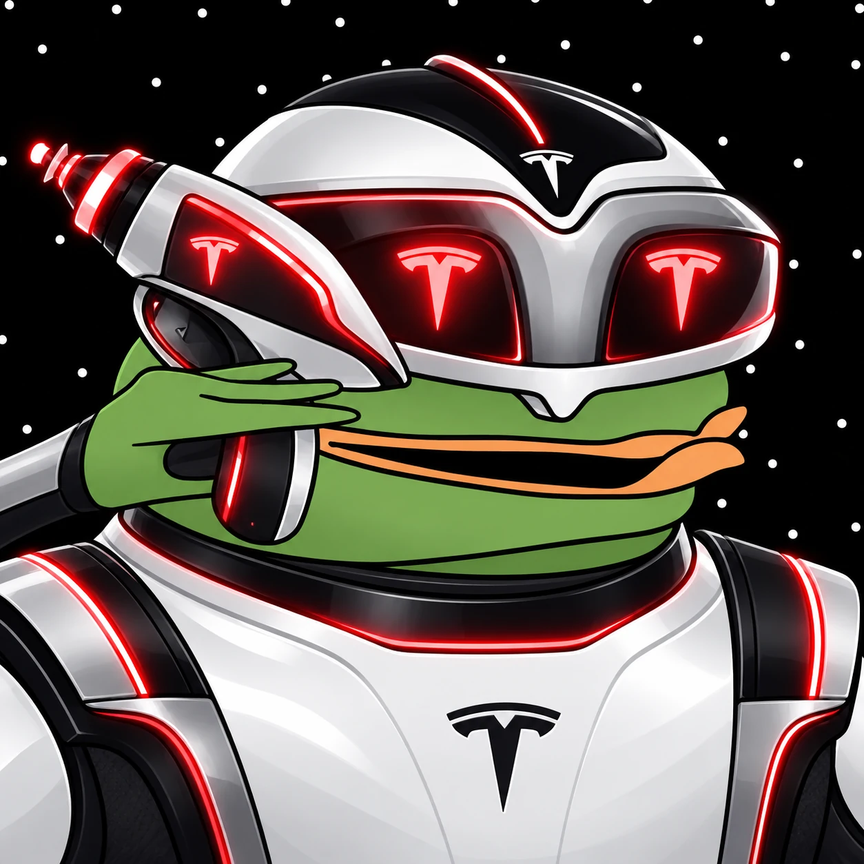 Green Pepe frog wearing white futuristic robotic armor and a glowing red helmet in space
